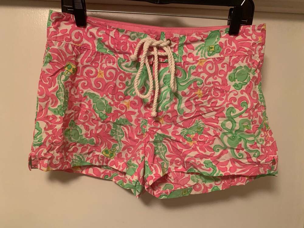 Lilly Pulitzer Pink and Green Sea Life Print Rope-Tie Swim Shorts - Picture 1 of 4